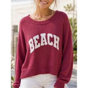 Z Supply Womens Sweater Berry Red Large BEACH Graphic Knit Pullover Vacation